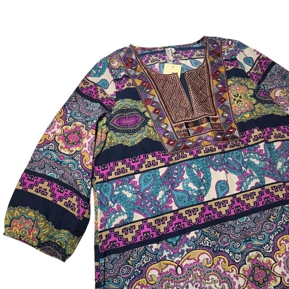 NWT Boho Printed Mini Dress Sz.L Shift Multi Embroidered 70s  Festival - Picture 8 of 11